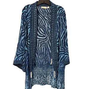 Belle by Kim Gravel Blue Animal Print Lightweight Coverup Jacket NWOT